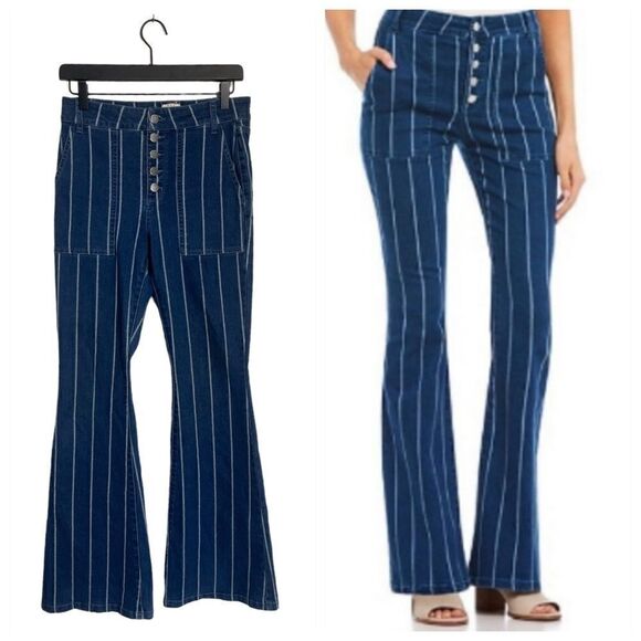 Gianni Bini Aztec Striped Flared High Waist Button Fly Flare Jeans - Picture 1 of 16